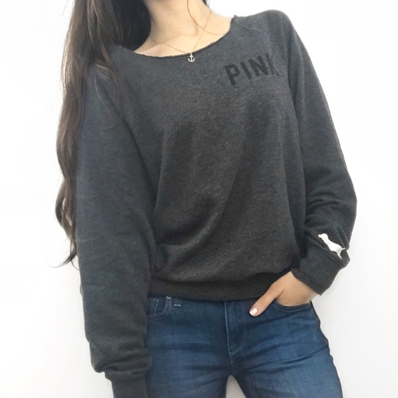 PINK Victoria's Secret Tops - PINK Oversized Raw Hem Gunmetal Dog Sweatshirt A2